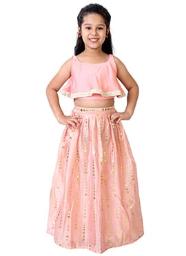 Peach Foil Printed Crop Top N Skirt Set