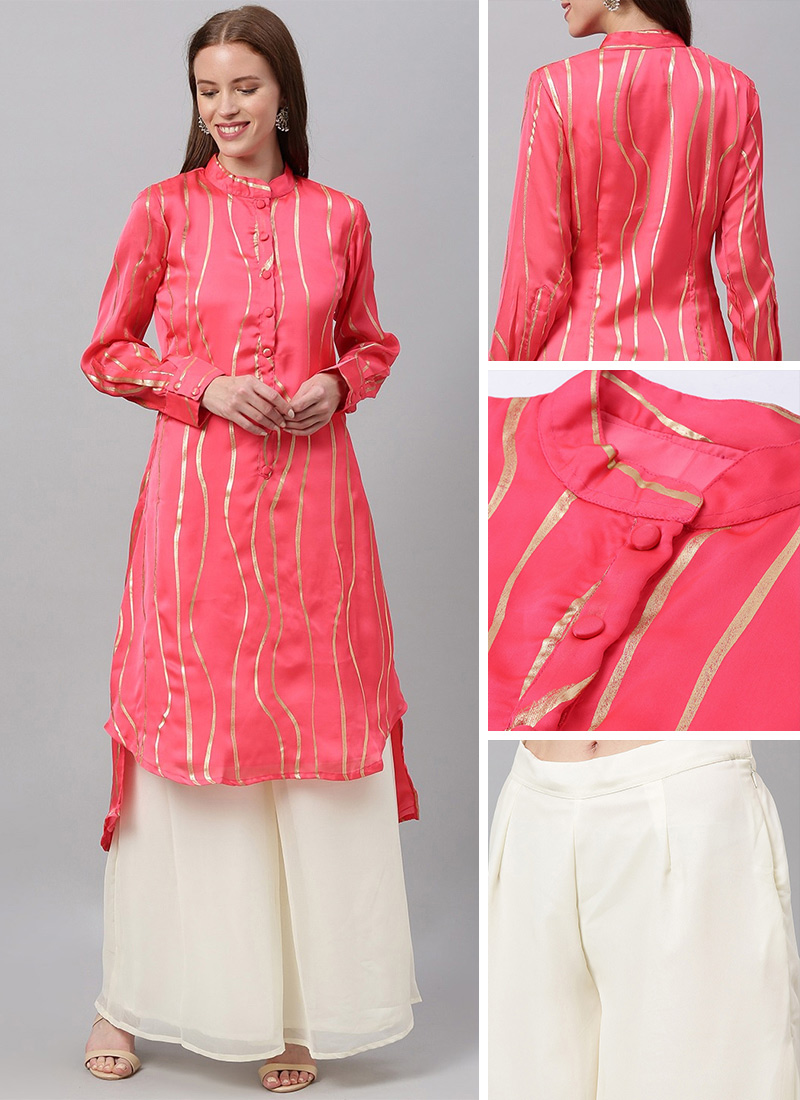 Pink Foil Printed Kurta Palazzo Set Work Wear