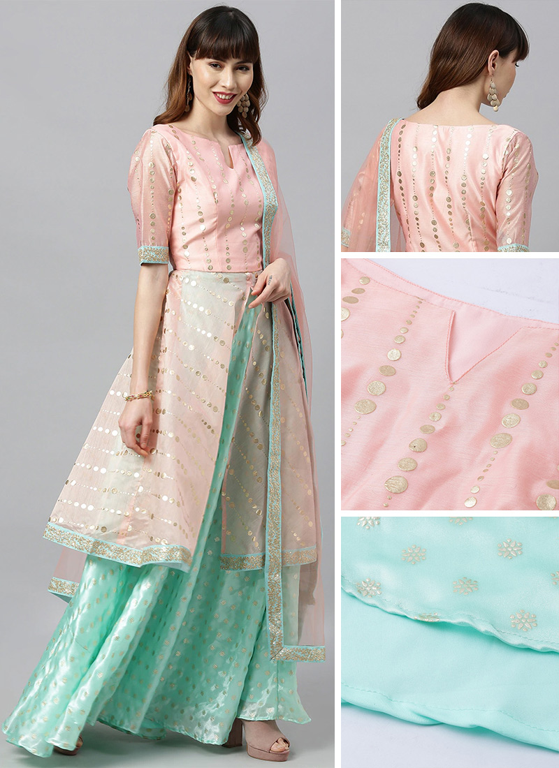 Pink Foil Printed Long Choli Lehenga Set Party Wear