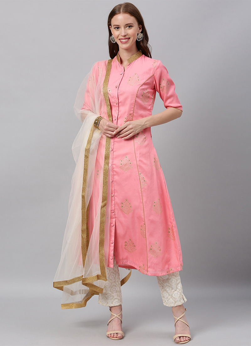 Pink Foil Printed N Beige Straight Pant Suit Festive Wear