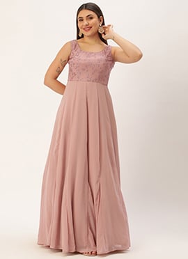 Pink Foil Printed Net Godet Dress