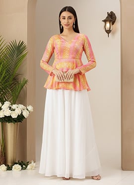 Pink Foil Printed Peplum Skirt Set