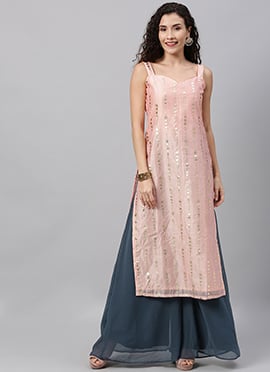 Teen Girls Pink Foil Printed Strap neck Style Kurti