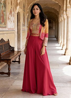 Pink Georgette Bandhini Print Zari Embroidered Sequins Beads Indowestern Jacket Palazzo Set