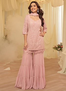 Pink Georgette Chikankari Work With Embroidered Sequins Sharara Suit