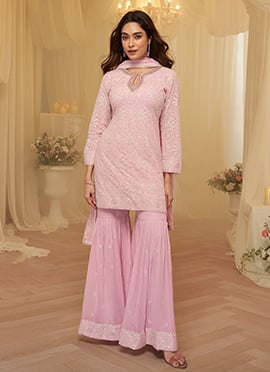 Pink Georgette Chikankari Work With Embroidered Sequins Sharara Suit