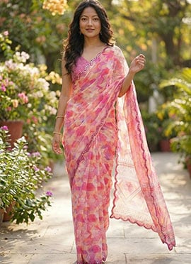 Pink Georgette Digital Print Saree After Six Wear