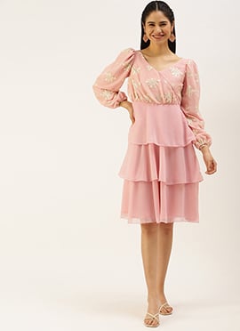Pink Georgette Embroidered Layered Dress