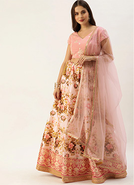Pink Georgette Embroidered N Printed Kali Lehenga