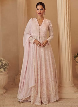 Pink Georgette Embroidered Sequins Chikankari Stones Beads Anarkali Suit