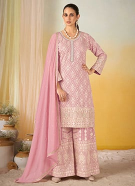 Pink Georgette Embroidered Sequins Mirror Work Thread Palazzo Suit