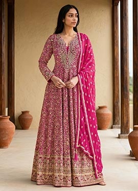 Pink Georgette Embroidered Sequins Stone And Beads Work A Line Anarkali Suit