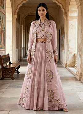 Pink Georgette Embroidered Sequins With Beads Work Indowestern Jacket Lehenga Set