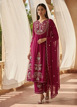 Pink Georgette Embroidered Straight Pant Suit