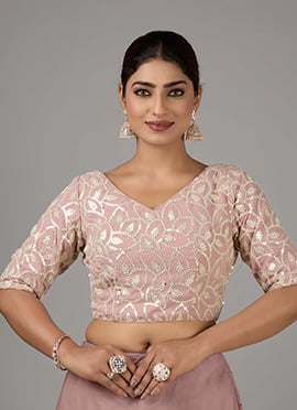 Pink Georgette Embroidered V Neck Blouse