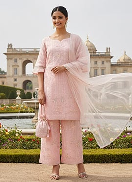 Pink Georgette Embroidered Wide Leg Pant Suit
