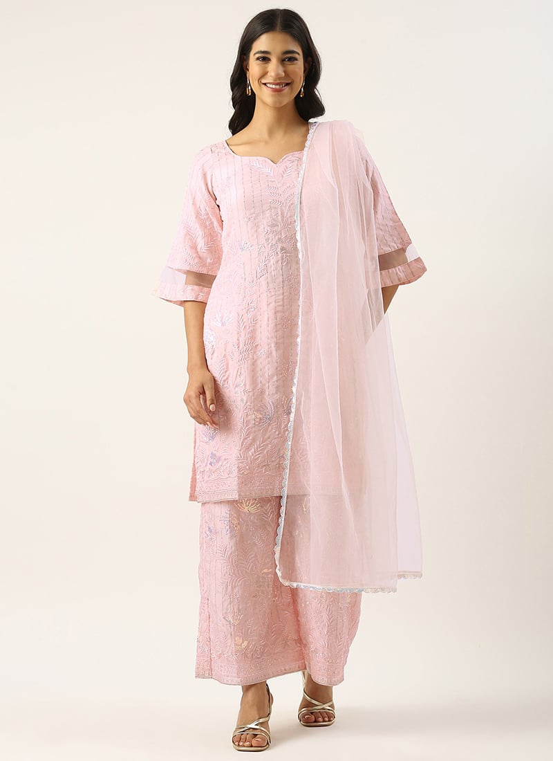 Teen Girls Pink Georgette Embroidered Wide Leg Pant Suit