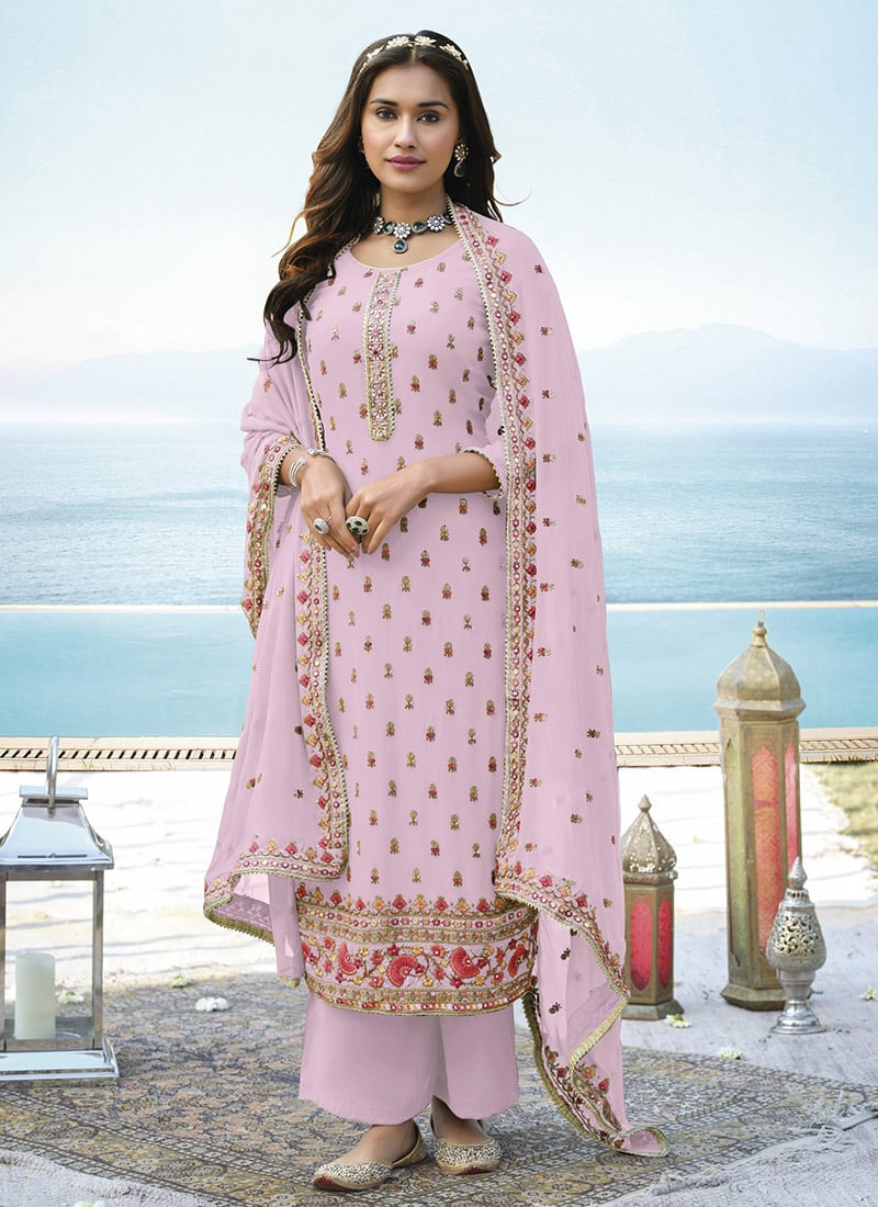 Pink Georgette Embroidery Palazzo Suit Party Wear
