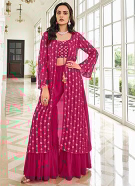 Pink Georgette Embroidery Sharara Set With Jacket