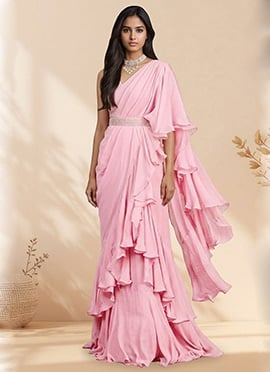 Pink Georgette Hand Embroidered Pre Draped Saree