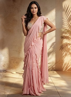 Pink Georgette Hand Embroidered Sequins With Beads And Stone Work Pre Draped Saree