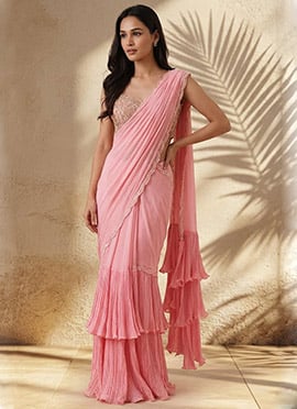 Pink Georgette Hand Embroidered Stone Work Pre Draped Saree