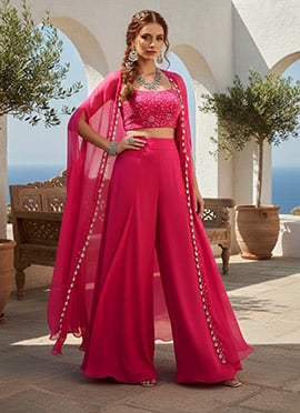 Pink Georgette Hand Embroidered With Beads Work Jacket Palazzo Set