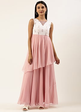 Teen Girls Pink Georgette N White Chinon Embroidered Gown