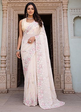 Pink Georgette Resham Hand Embroidered Sequins With Stone Work Saree