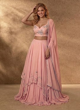 Pink Georgette Zari Hand Embroidered Sequins Lehenga