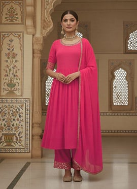Pink Georgette Zari Mirror Work Hand Embroidered Anarkali Suit