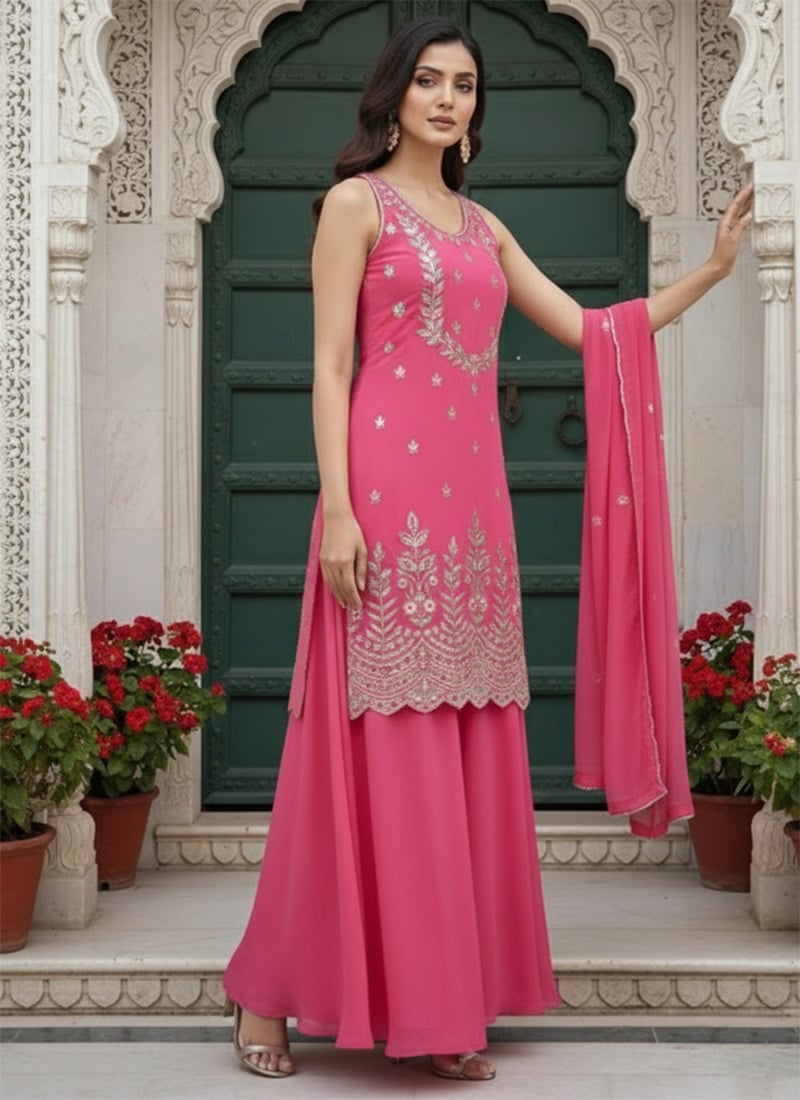 Pink Georgette Zari Resham Stones Partywear Palazzo Ensemble Festive Wear