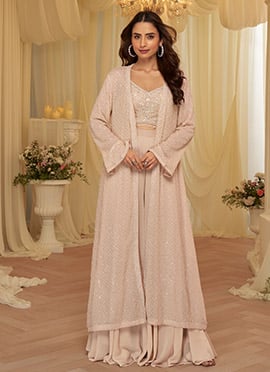 Pink Georgette Zari Sequins Beads Stones Indowestern Ensemble