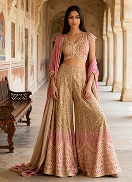 Pink Georgette Zari Sequins Embroidered Indowestern Palazzo Set