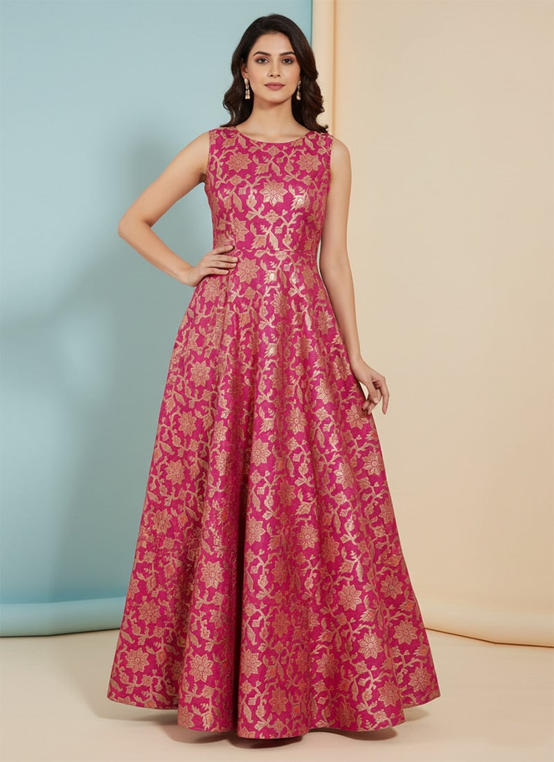 Pink Gold Floral Silk Indo Western Maxi Dress Festive Wear