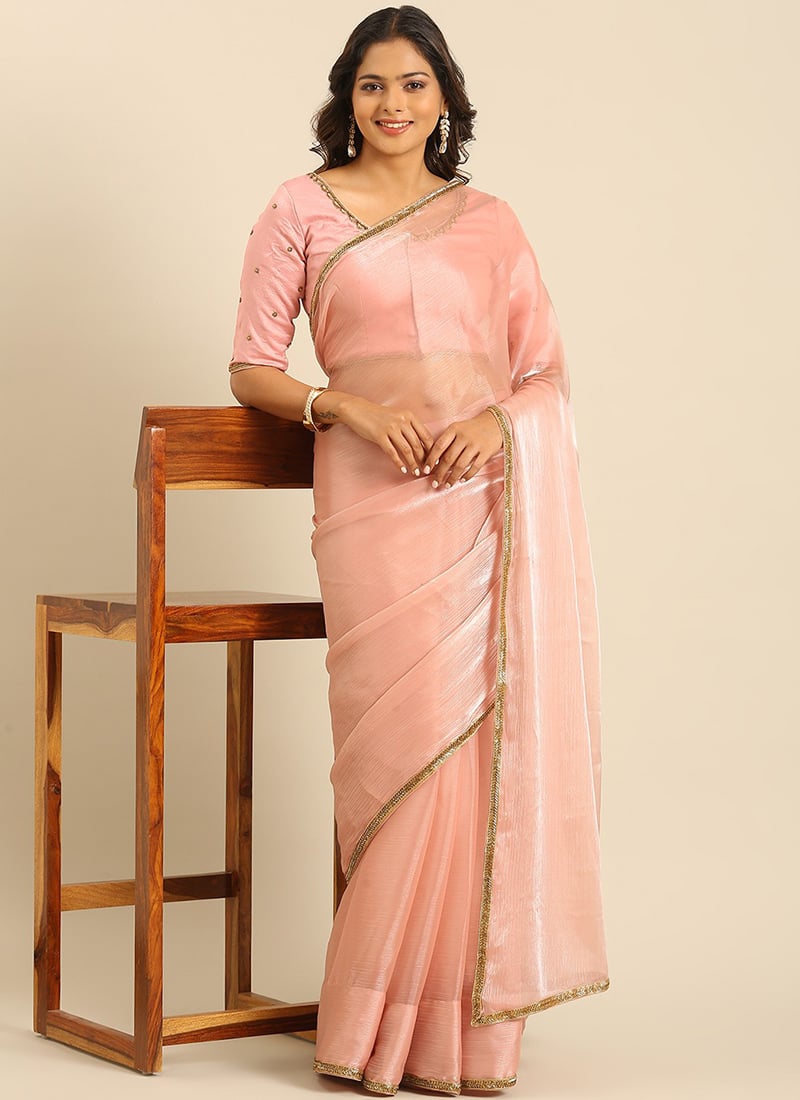 Pink Handwork Blouse N Organza Satin Saree Festive Wear