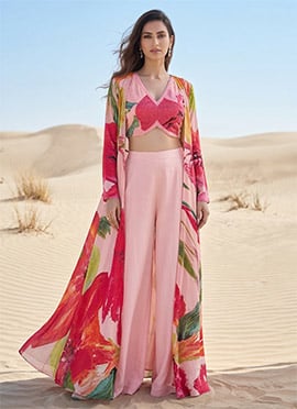Pink Indowestern Floral Digital Print With Long Jacket And Cut Dana Work Crop Top