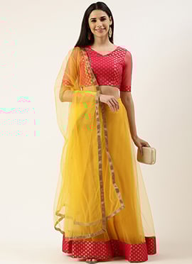 Pink Jacquard Art Silk N Yellow Net Lehenga