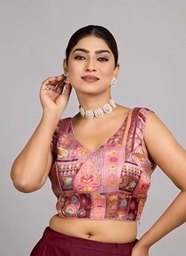 Pink Jacquard Art Silk V Neck Blouse