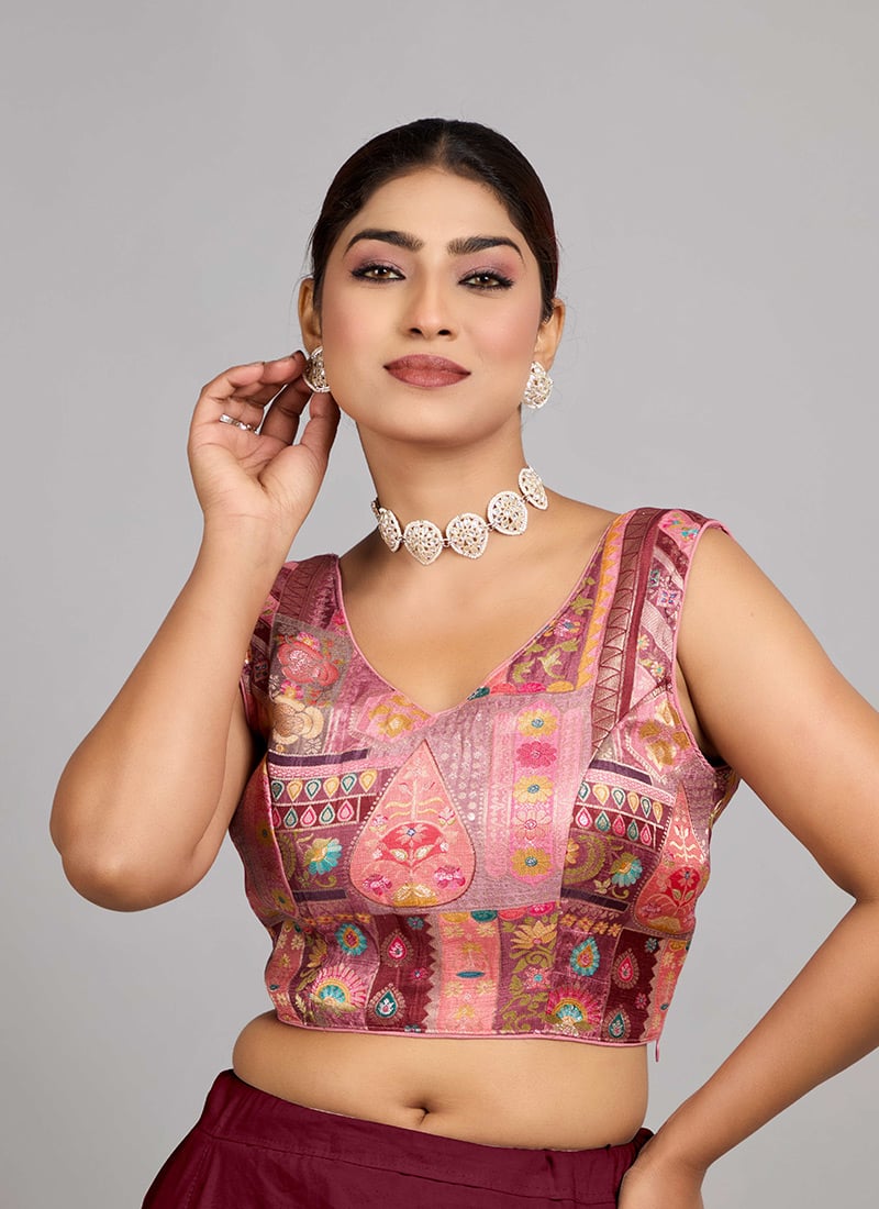 Pink Jacquard Art Silk V Neck Blouse Festive Wear