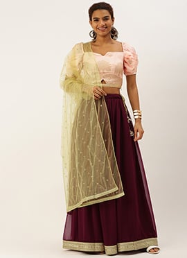 Pink Jacquard N Burgundy Georgette Lehenga