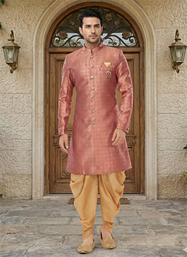 Pink Jacquard Silk Classic Sherwani With Dhoti Style Pants