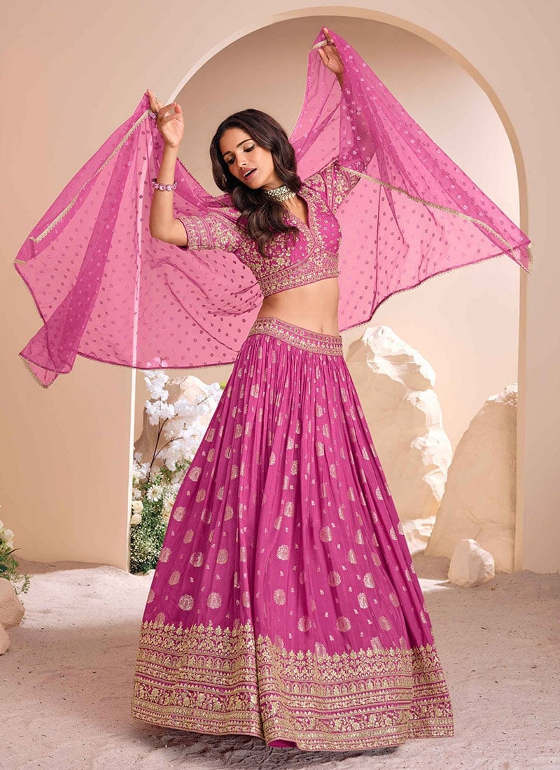 Pink Jacquard Silk Zari Embroidered Sequins Stunning Lehenga Wedding Wear