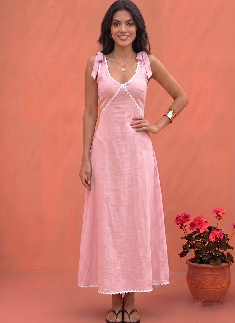 Pink Lace Trim Cotton Tie Shoulder Maxi Dress After Six Wear