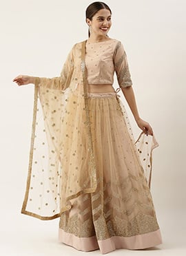 Pink N Beige Embroidered Layered Lehenga Set