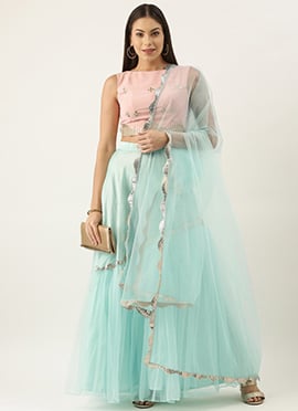 Pink N Blue Asymmetric Gathers Lehenga Set
