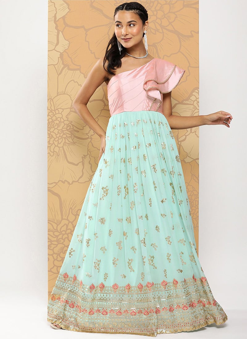 Pink N Blue Embroidered Georgette Gown Festive Wear