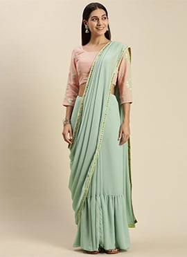 Pink N Green Georgette Saree N Blouse
