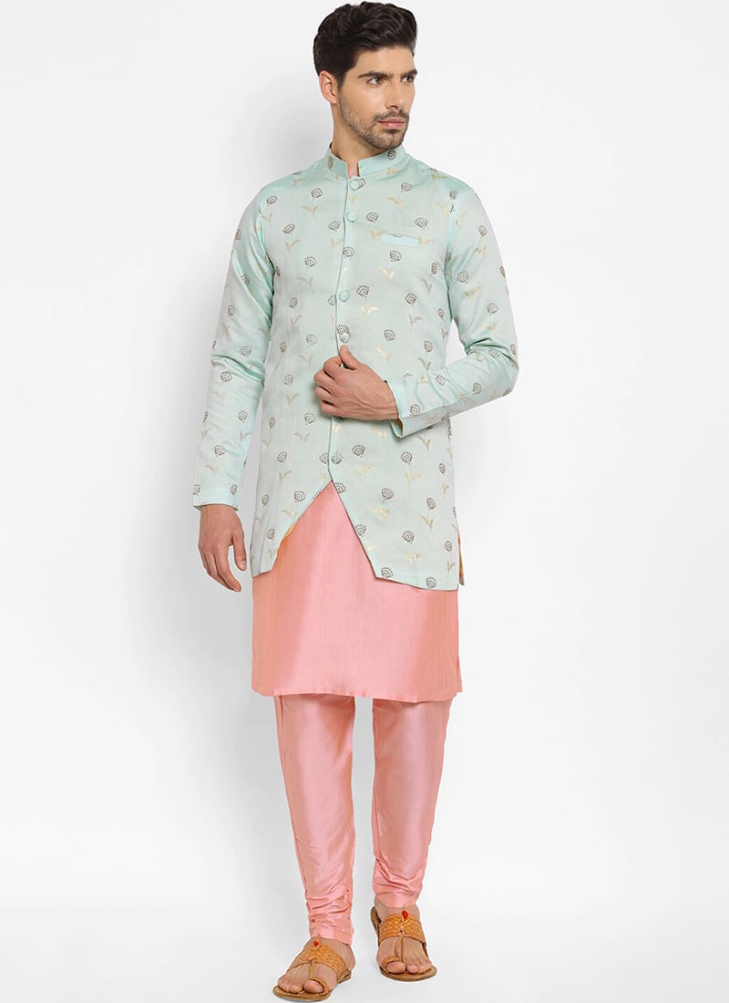 Pink N Green Print Kurta N Bandi Set Party Wear