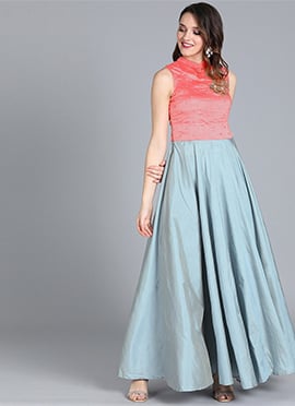 Pink N Grey Collar Neck Embroidered Gown
